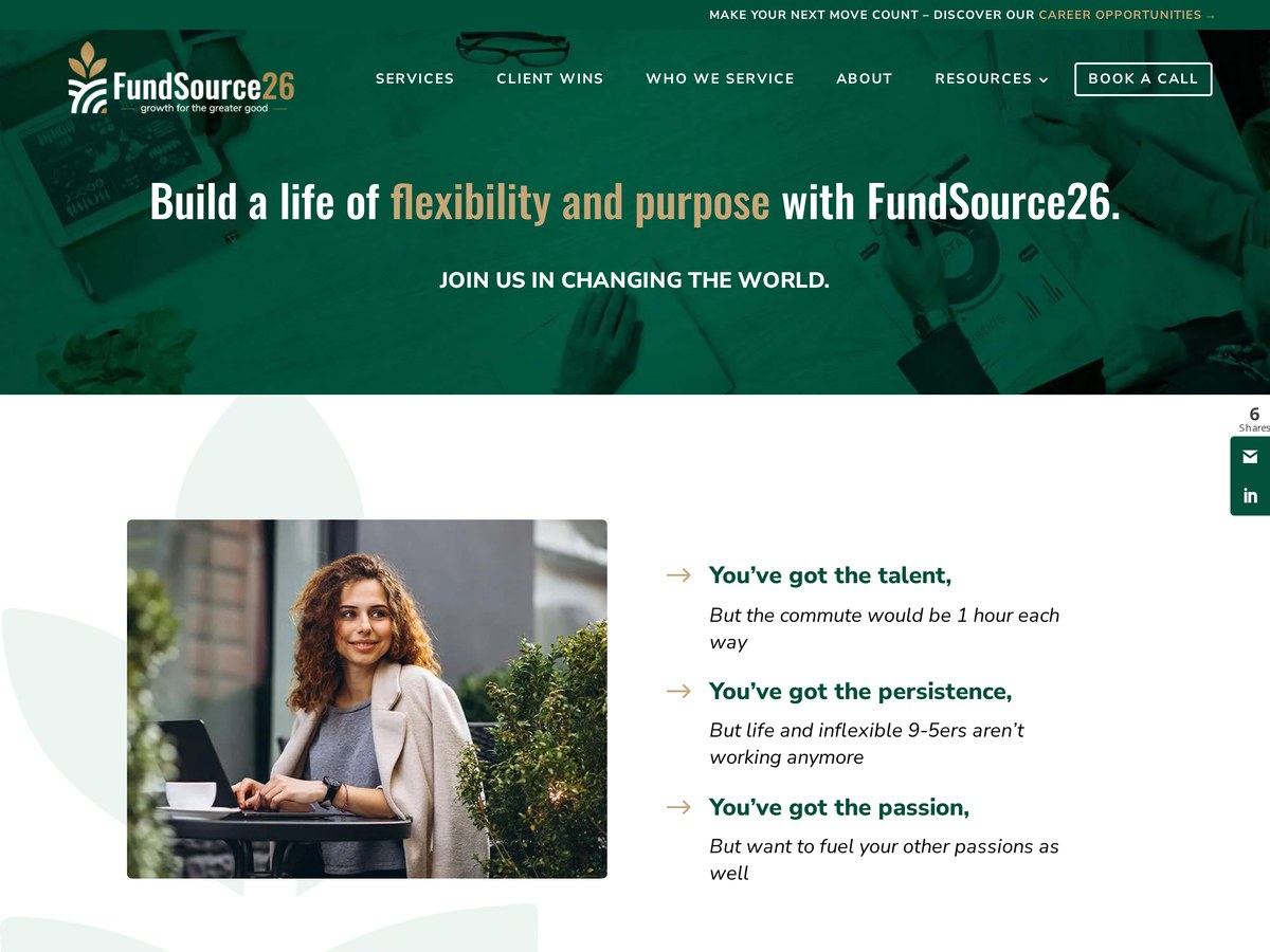 FundSource26 careers landing page with the headline Build a life of flexibility and purpose